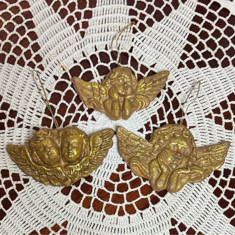 Gold Angel Ornaments Set Victorian Vintage Christmas Cherub Handcrafted Handmade